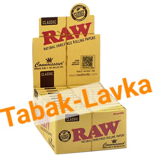 Бумага самокруточная RAW - KING SIZE - Connoisseur Classic + 24 готовых TIPS (32 шт)